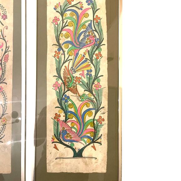 VTG Set of Hand Painted Mexican Amate Folk Art Wall Decor Birds Floral Ethnic - Picture 12 of 16